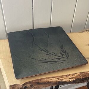 JUST IN Large Square Stoneware Serving Plate Leaves Branch Green Black Nature